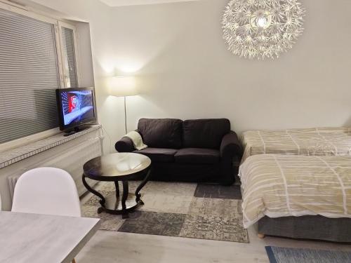 uma sala de estar com um sofá e uma cama em Studio Porin Oksi, home away home in Pori city center, free parking em Pori