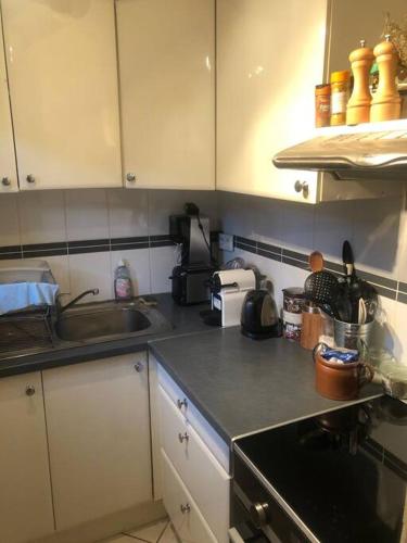 een keuken met een gootsteen en een aanrechtblad bij Appartement T2 Duplex in La Ciotat