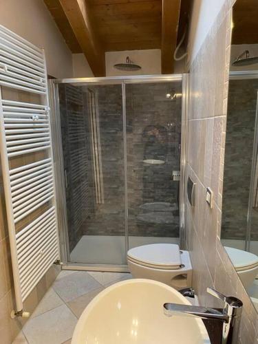 a bathroom with a shower and a toilet and a sink at Interno 8 appartamento con box auto privato gratuito in Ferrara