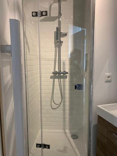 une douche avec une porte vitrée dans une salle de bain dans l'établissement Studio Cosy à 12 min à pieds de la Gare, à Limoges