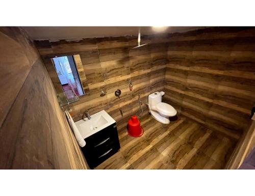 a small bathroom with a toilet and a sink at The Earthen Nest Resort, Canacona, Goa in Poinguinim