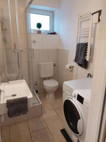 a bathroom with a washing machine and a sink at Lech Appartement in Landsberg am Lech