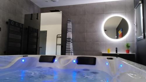 baño con bañera grande con espejo en Le Spa du Verger de Firmin - jacuzzi intérieur privé en Foix