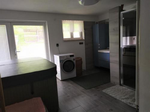 a kitchen with a washer and dryer in a room at Beba in Heřmanovice