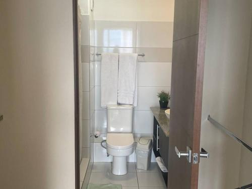 La petite salle de bains est pourvue de toilettes et d'un lavabo. dans l'établissement Lindo apartamento en condominio privado, 