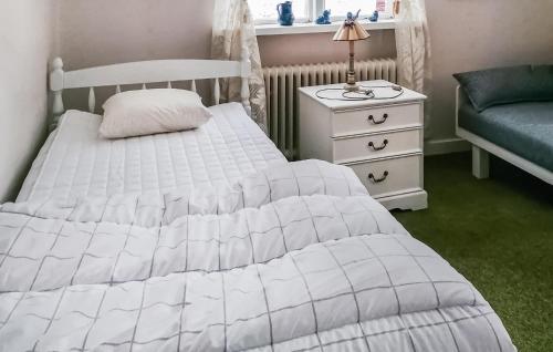a bedroom with two beds and a nightstand with a white bed sidx sidx sidx at Nice Home In Ambjörnarp With Lake View in Ambjörnarp