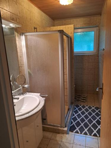 a bathroom with a shower and a sink at Haus beim Wasser im grünen in sehr ruhiger Lage!! in Willersbach