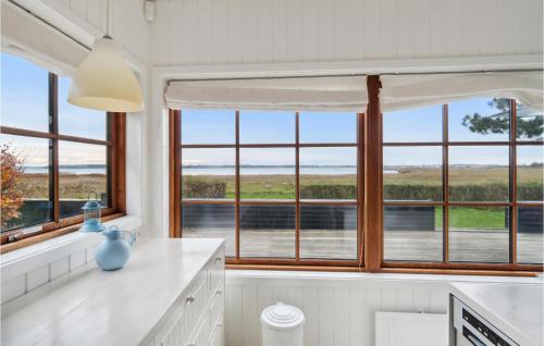 ホルベックにあるGorgeous Home In Holbk With Wifiの窓付きのキッチン、海の景色を望む