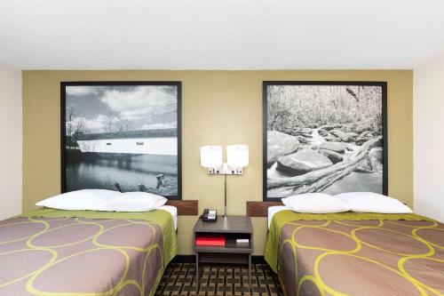 a hotel room with two beds and a picture of a lake at Super 8 by Wyndham Johnson City in Johnson City