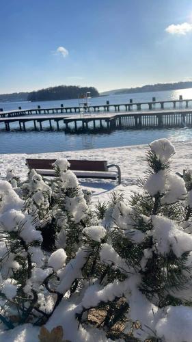 a bench covered in snow next to a pier at Mrągowo dwupoziomowy Apartament Indygo 85m2 z widokiem na jezioro in Mrągowo
