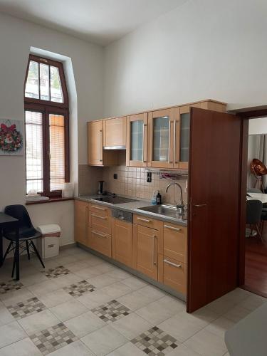 a kitchen with wooden cabinets and a sink at Historická vila Dom hostí in Podbrezová