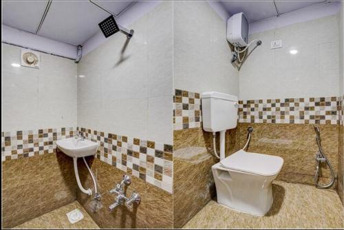 two pictures of a bathroom with a toilet and a sink at Hotel Green in Surat