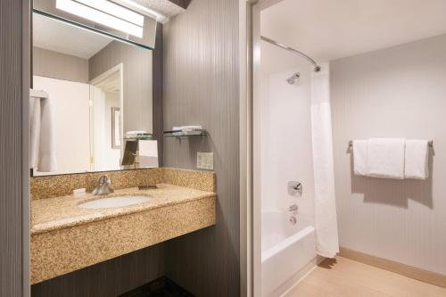 a bathroom with a sink and a mirror and a tub at Courtyard Milpitas Silicon Valley in Milpitas
