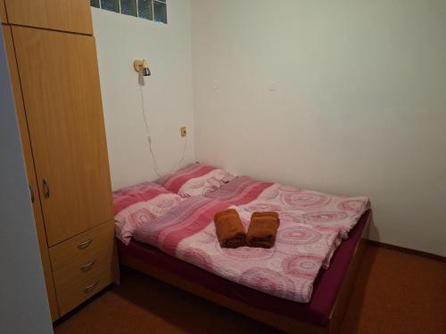 - un petit lit avec deux chaussures brunes dans l'établissement Apartmán 254, à Janské Lázně