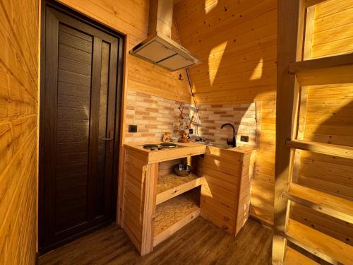 a kitchen with a sink in a wooden cabin at Byurakan Guesthouse & Cottage in Byurakan