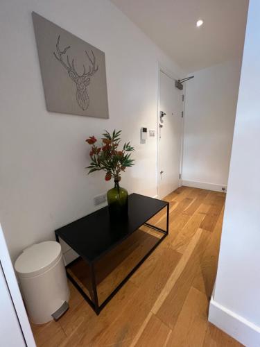 ein Wohnzimmer mit einem Tisch und einer Pflanze darauf in der Unterkunft Modern 1 bedroom apartment in the center of Croydon in Croydon