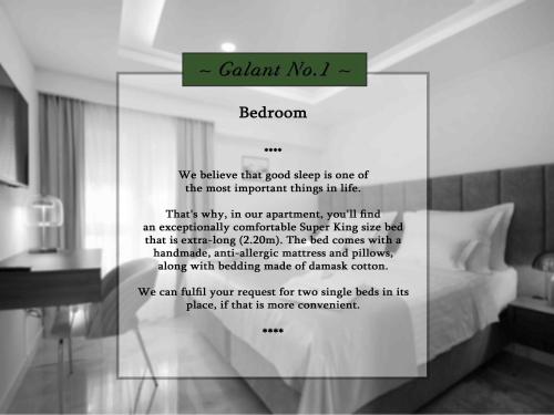 a picture of a bedroom with a bed and a sign at Luxury apartment Galant 1 in Split