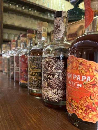 a row of bottles of alcohol sitting on a table at Pension & Restaurant Krakonoš in Harrachov
