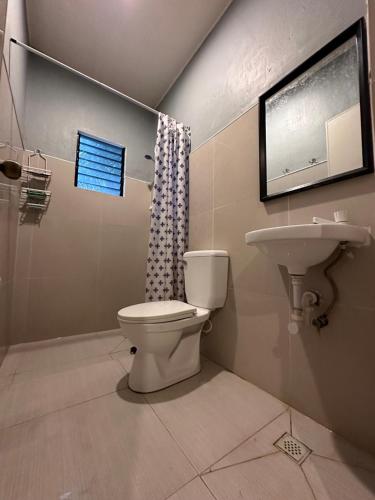 a bathroom with a toilet and a sink at Lionfish Backpackers Hostel Malapascua in Daanbantayan