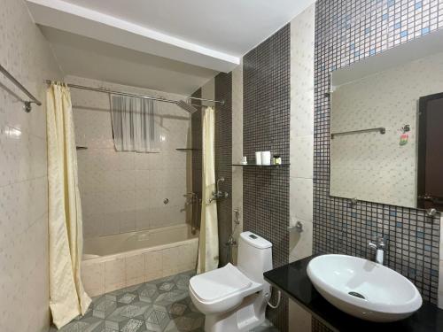 uma casa de banho com um WC, um lavatório e um chuveiro em Nagas Hotel Satyavati Morjim em Morjim