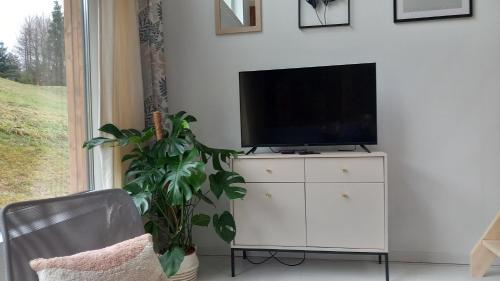 a living room with a television on a white dresser at Domek Wonkopianka in Grywałd