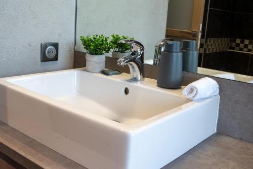 ein weißes Waschbecken im Bad mit Spiegel in der Unterkunft Le Cocon d'Elisadonna - Centre ville in Annecy