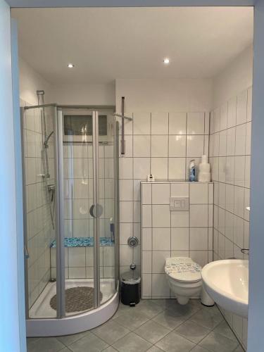 a bathroom with a shower and a toilet and a sink at MeerLeev - Panoramablick in Schillig