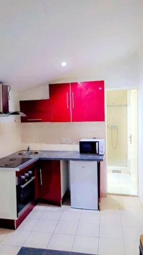 een keuken met rode kasten, een wastafel en een magnetron bij beau studio in Stains