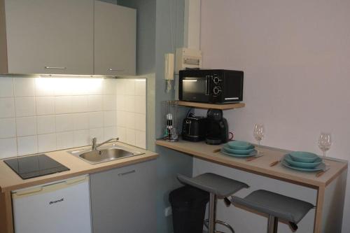 een kleine keuken met een wastafel en een magnetron bij Beau studio dans le Vieux-Lille in Lille