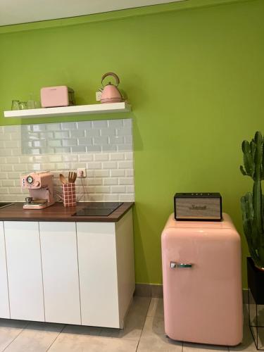 a kitchen with a pink refrigerator and a green wall at Appartement Ibiz’Arles in Arles
