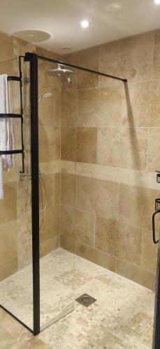 una ducha con puerta de cristal en un baño en Hotel Le Saint Julien, en Saint-Julien-du-Sault