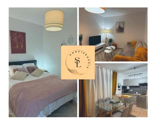 un collage di foto di una camera da letto e di una stanza di Cozy atmosphere near Eurexpo and Groupama Stadium, 6 personnes a Saint-Priest