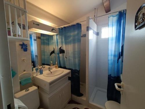 une salle de bain avec un lavabo, des toilettes et une douche dans l'établissement Villa de Charme avec Piscine, Terrasse et VTT, Proche Plage et Commerces - 6 Pers. - FR-1-749-29, au Cap d'Agde