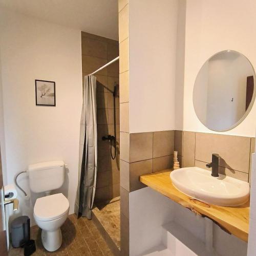 een badkamer met een wastafel, een toilet en een spiegel bij GuestHouse Maison Standard in Kula