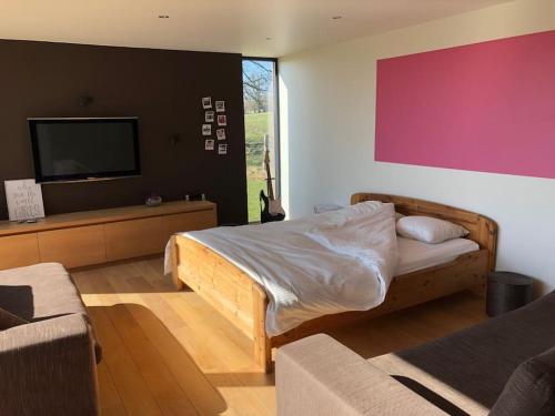 une chambre avec un lit et une télévision à écran plat dans l'établissement L'annexe, à Stavelot