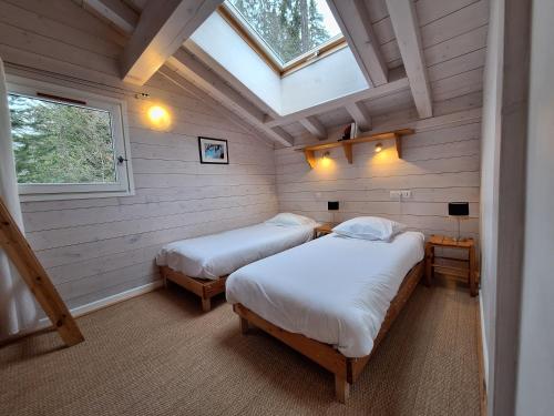 two twin beds in a room with a skylight at Le Chalet des Grands Montets 2 in Chamonix-Mont-Blanc