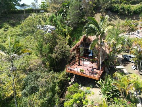 an aerial view of a house on a hill at Ibuku Hotel Guatapé - Chalets in Guatapé