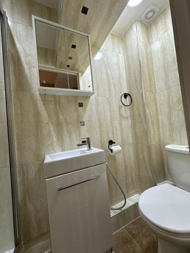 y baño con aseo, lavabo y espejo. en Central London - Edgware Road 2 Bedroom Flat2, en Londres