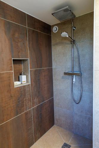 une salle de bain avec une douche avec pommeau de douche dans l'établissement Chez Franz Alois, à Ueberstrass