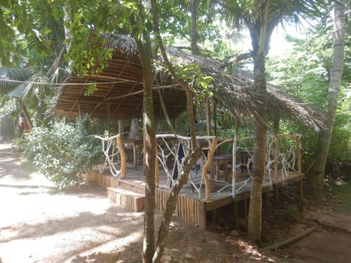 a hut in the middle of a forest with trees at Seasons Four Jungle Treehouse in Matara