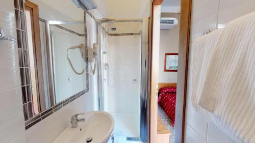a bathroom with a sink and a shower and a mirror at Hotel Helvetia in Genova