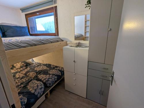 een kleine slaapkamer met een stapelbed en een spiegel bij Appartement cosy au pied des pistes in Corrençon-en-Vercors