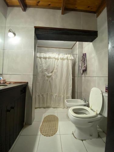 a bathroom with a toilet and a shower and a sink at Casa quinta WhiteHouse in San José del Rincón