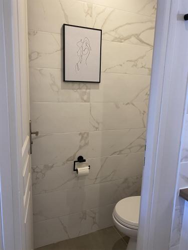 een badkamer met een toilet en een schilderij aan de muur bij Cap d'Agde Naturiste Port Nature 2 in Cap d'Agde