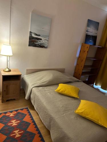 - 2 lits avec des oreillers jaunes dans une chambre dans l'établissement Chambre privative (pré de la Gare Matabiau SNCF) 1, à Toulouse