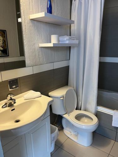 uma casa de banho com um WC branco e um lavatório. em Motel la siesta de gascon em Terrebonne