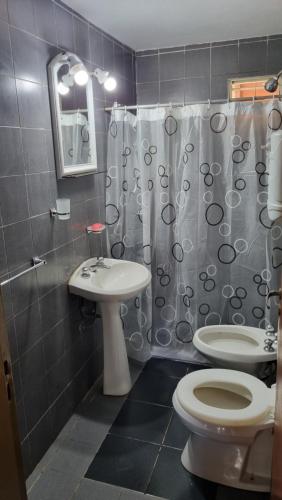 a bathroom with a toilet and a sink and a shower at Casa en Potrero de Garay con pileta a 100mt Rio San Pedro in Potrero de Garay