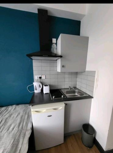 a small kitchen with a sink and a bed at Double room with Bathroom and kitchenette in Manchester