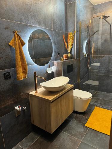 uma casa de banho com um lavatório, um WC e um espelho. em Apartmán Alfa 