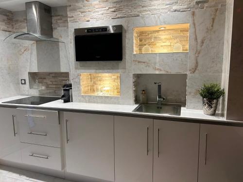 uma cozinha com um lavatório e uma televisão na parede em Spa Jacuzzi Moon White em Vaudherland